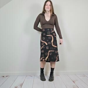 Vintage Y2K Geo Floral Abstract Linen Pencil Skirt Black Brown 33"